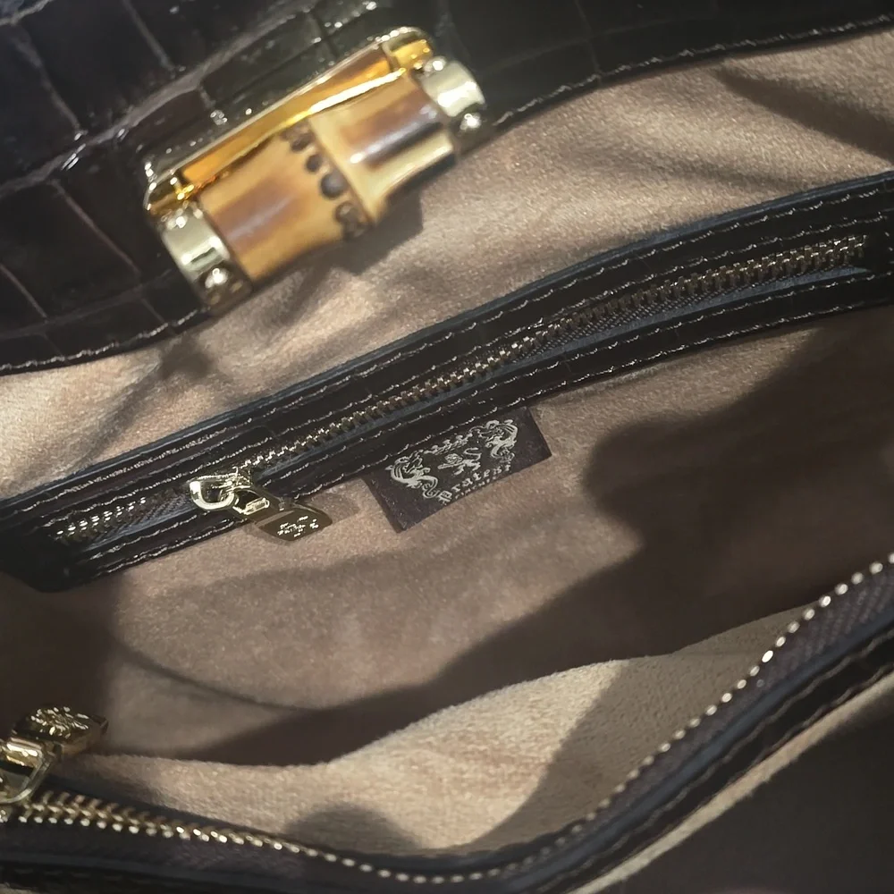 NWT ✅ Pratesi Firenze Italian K291 Triple Compartment Croc Leather Bag BROWN